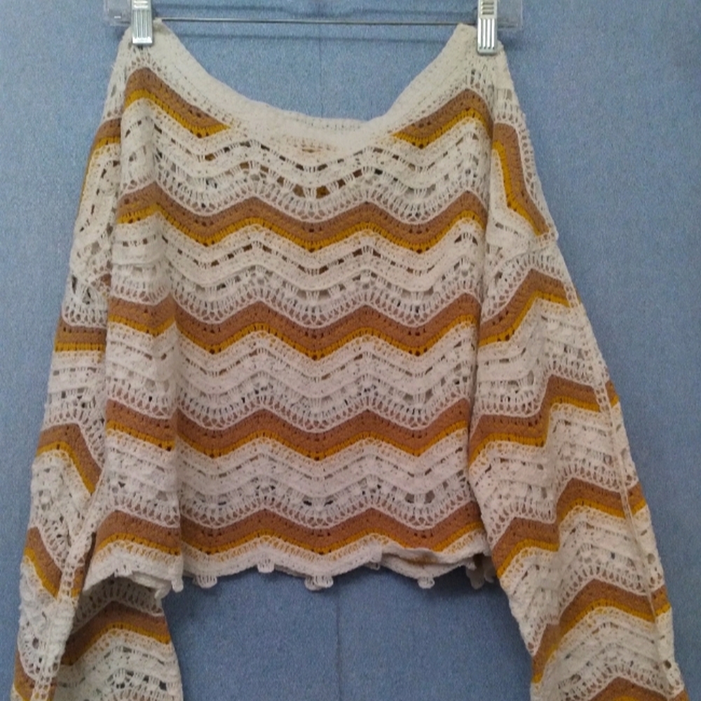 Crochet Knit Sweater Chevron Pattern Bell Sleeve Boho Top Bohemian‎ Style